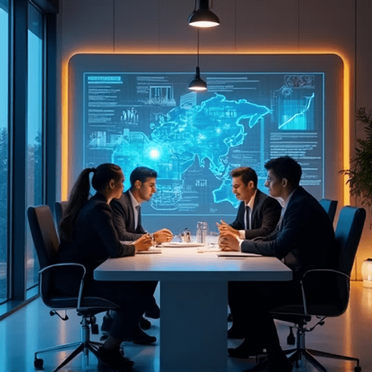 Team meeting with AI visualization