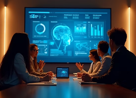 Team meeting with AI visualization